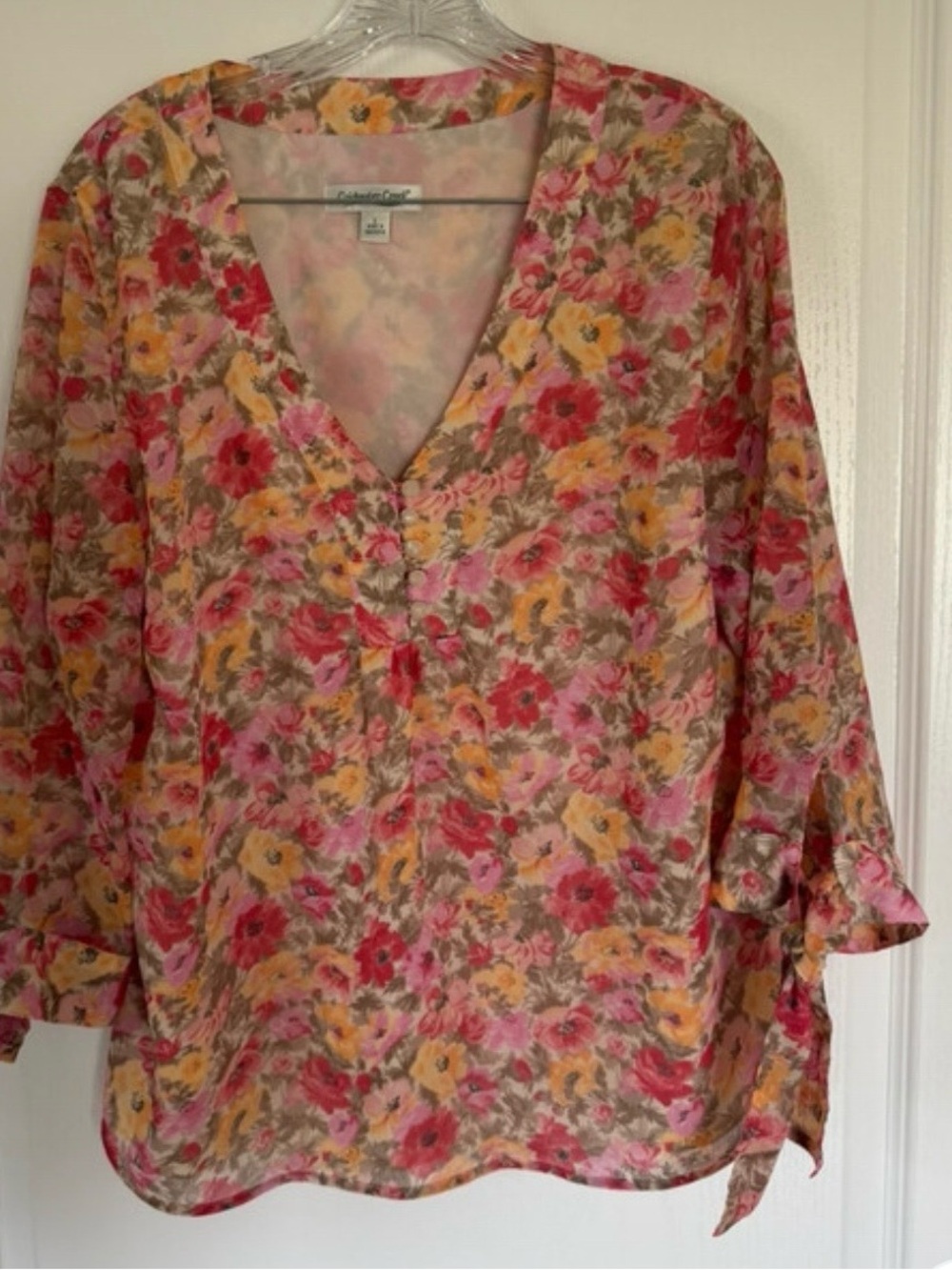 Coldwater Creek Pink and Yellow Floral V-Neck Blouse